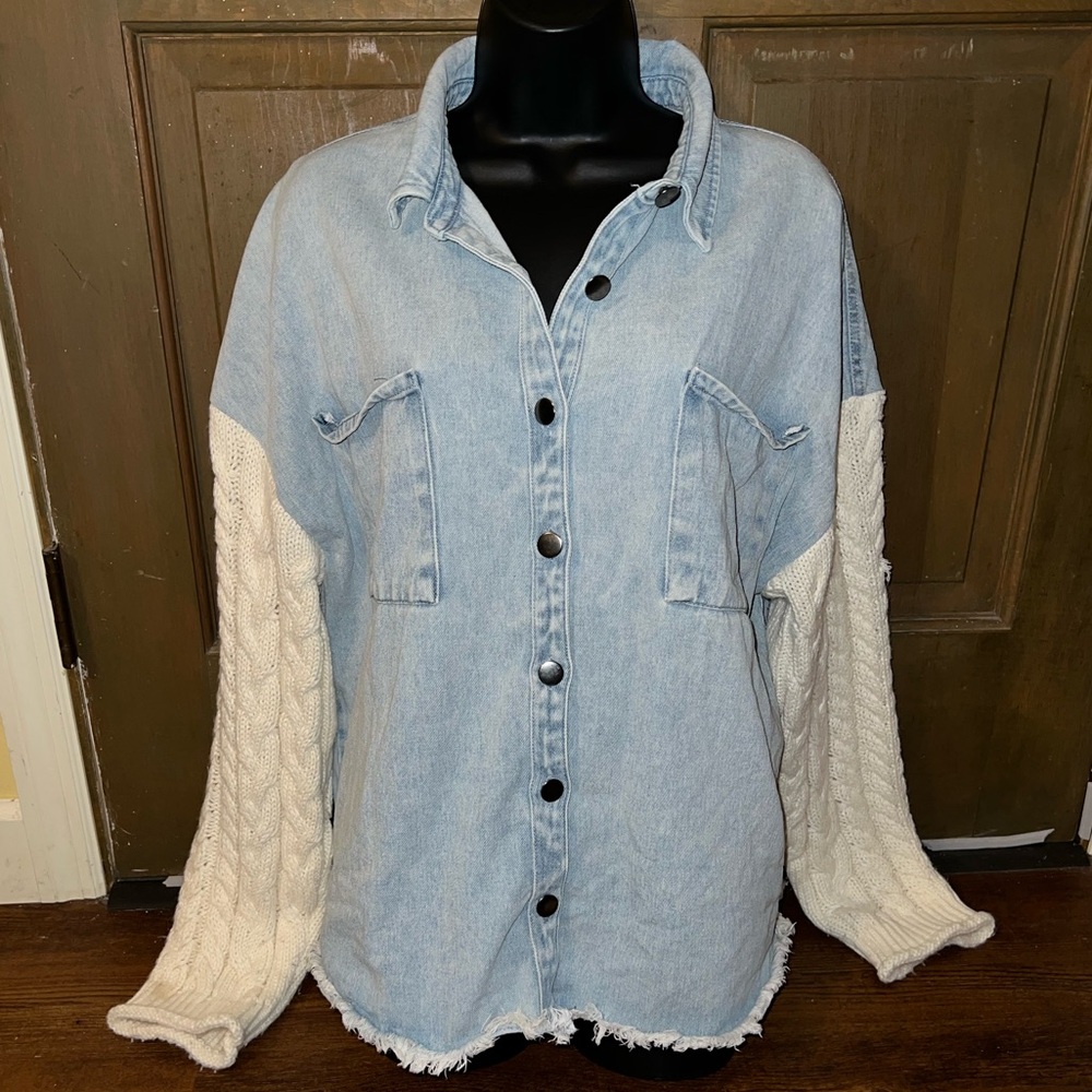Blu Pepper Oversized Denim Two Tone Knit Sleeve Boho Casual Shacket Size XL - Picture 4 of 11